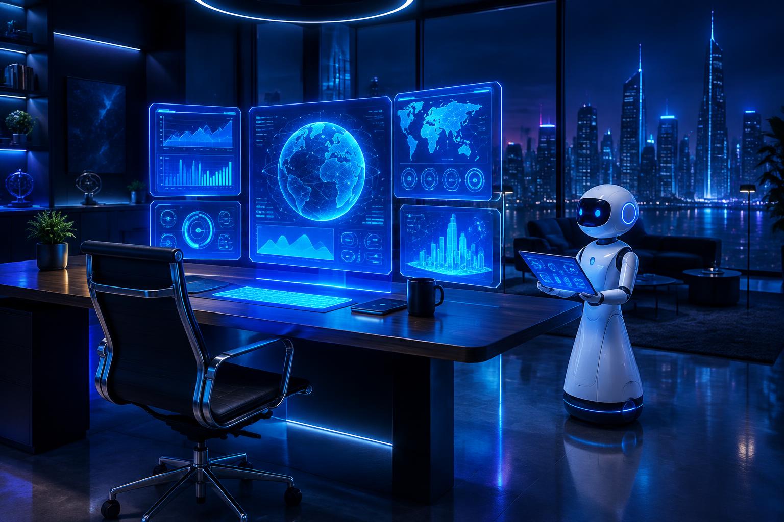 Illustration: futuristischer Arbeitsplatz mit Hologramm-Dashboards und Service-Roboter