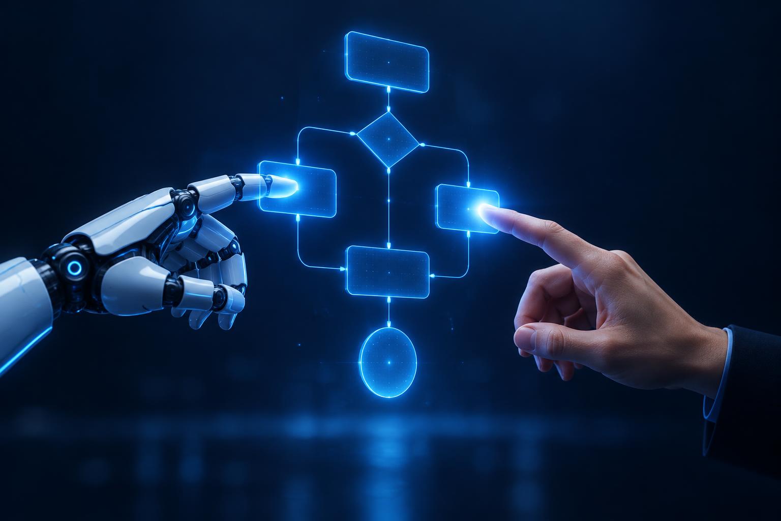Illustration: Roboterhand und Menschenhand bedienen gemeinsam einen leuchtenden Workflow